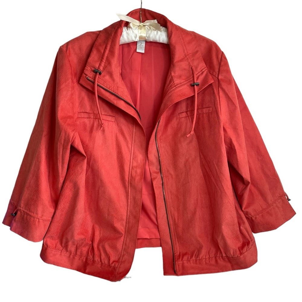 Chico’s Coral Salmon Jacket Full Zip 2 M/L Snake Pattern 3/4 Sleeve Cords Lined